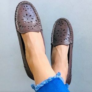 Mocha Floral Laser Cut Slip Moccasin Loafer Flats